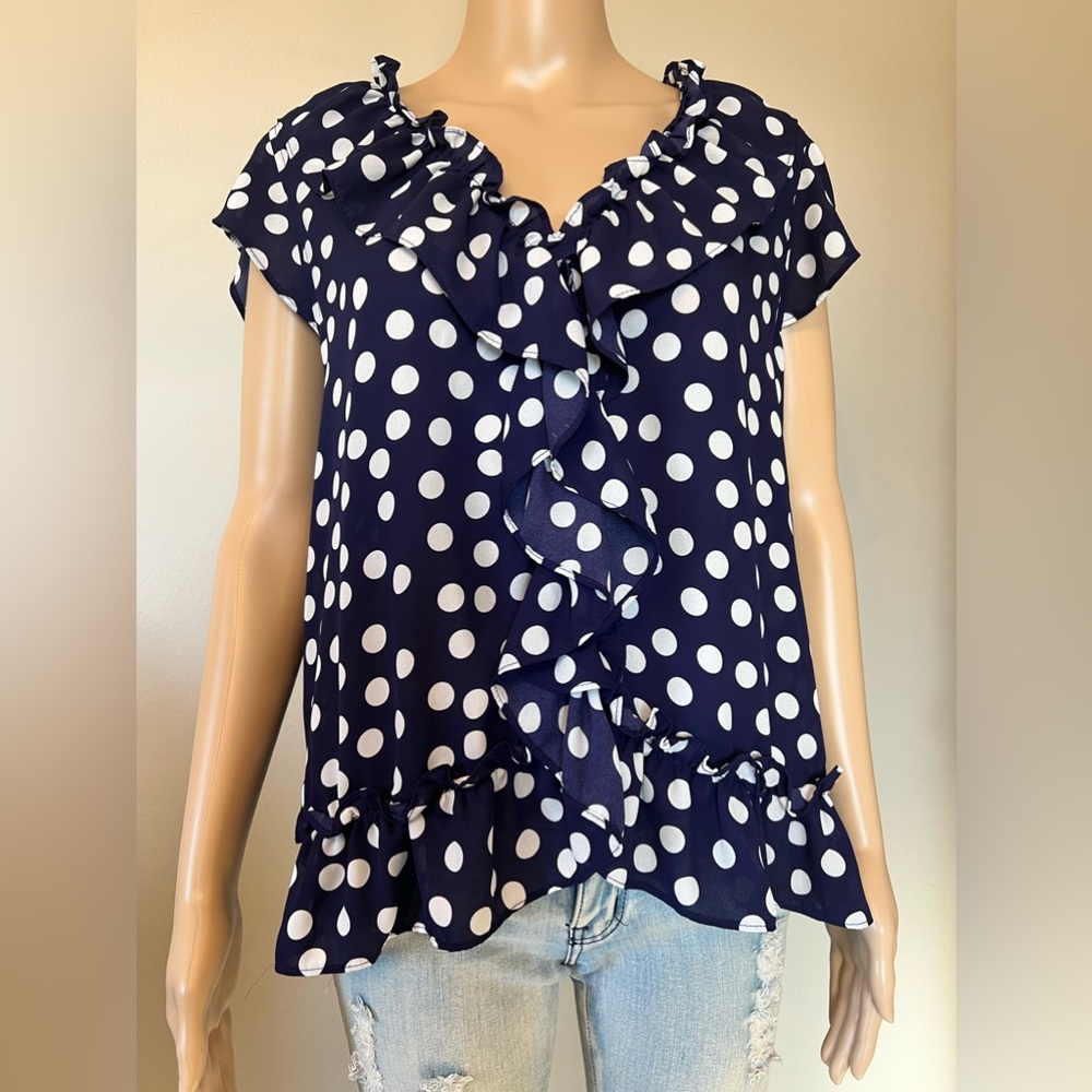 Beautiful Sz L blue blouse with white polka dots